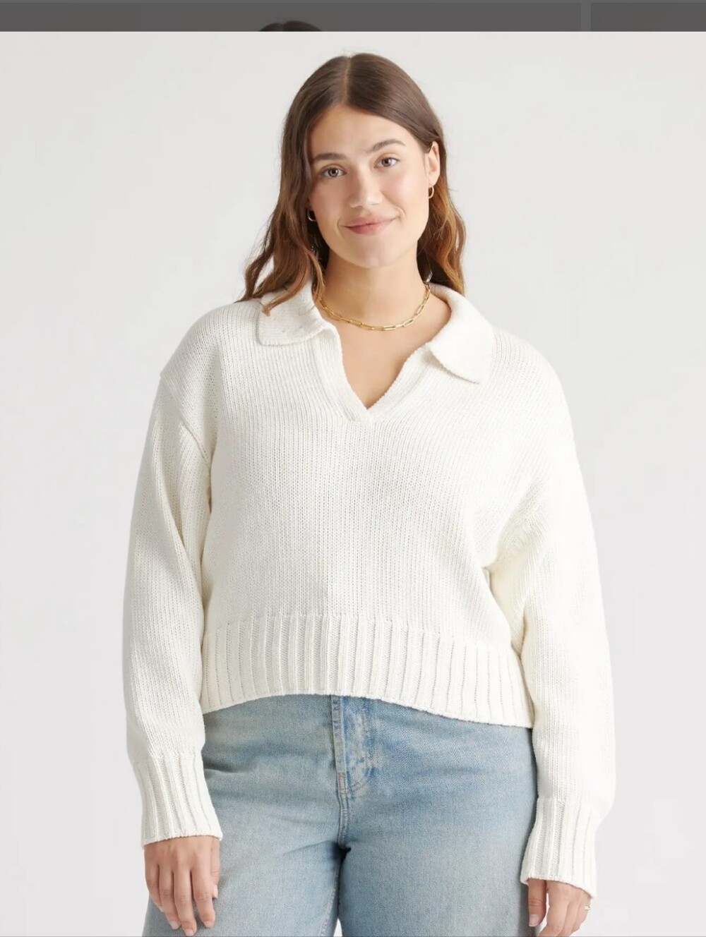 Quince 100% Organic Cropped Cotton Polo Sweater Medium Ivory